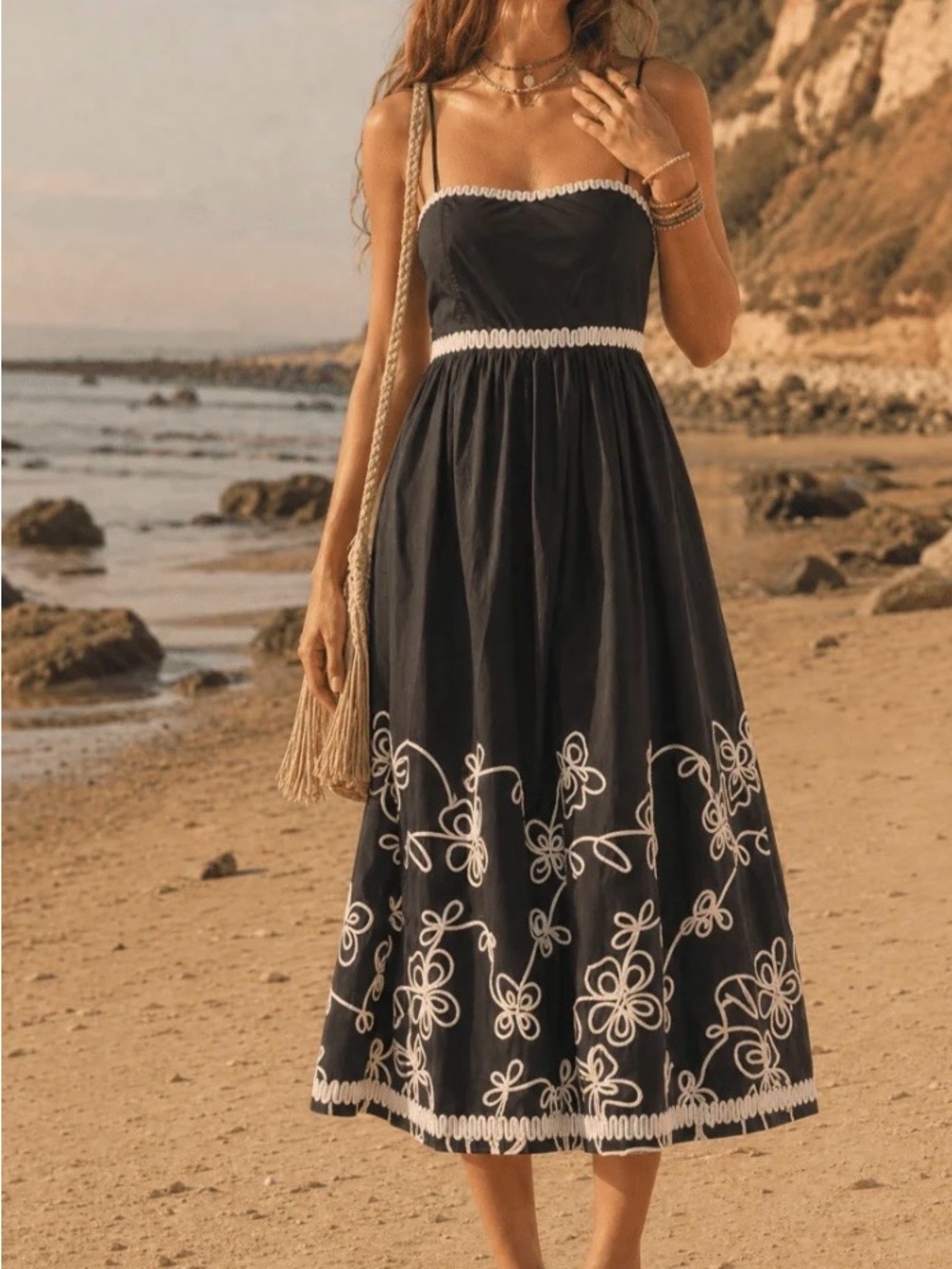 Black Embroidered Spaghetti Strap Midi Dress -